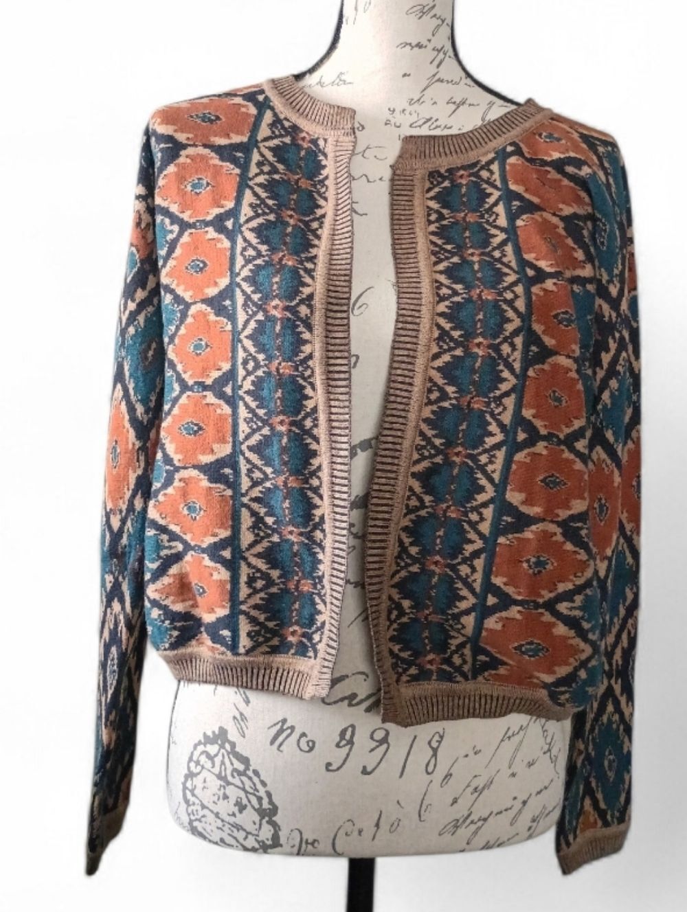 Peruvian Connection Cardigan Sweater 100% Pima Cotton Medium Kashmiri Artsy Boho